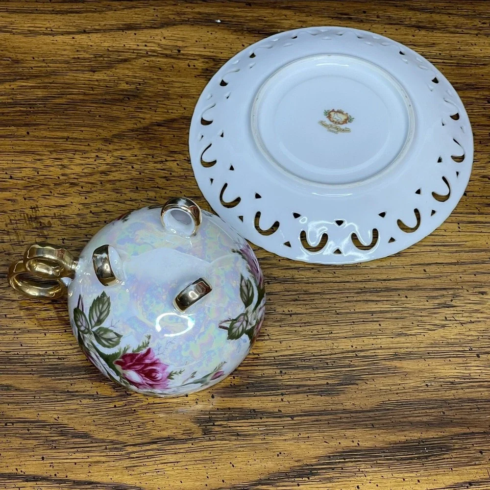 Vintage Royal Sealy China Three Ring Footed Cup &‎ Saucer Iridescent Gold Roses
